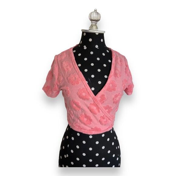 LA Hearts by PacSun Womens Top Sz S Lounge Groove Wrap Pink Chenille Flowers Tie - Picture 5 of 11